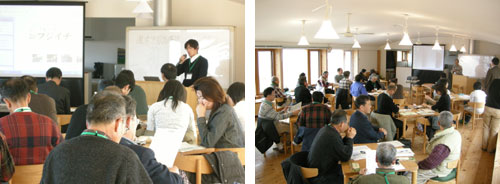 フジイチさんの説明(左)と、はまなこ学遊塾の報告(右)。 フジイチさんの説明(左)と、はまなこ学遊塾の報告(右)。
